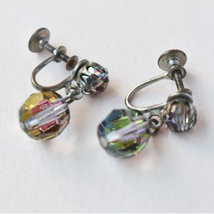 AB crystal earrings clip on, old elegant dangle bead earrings